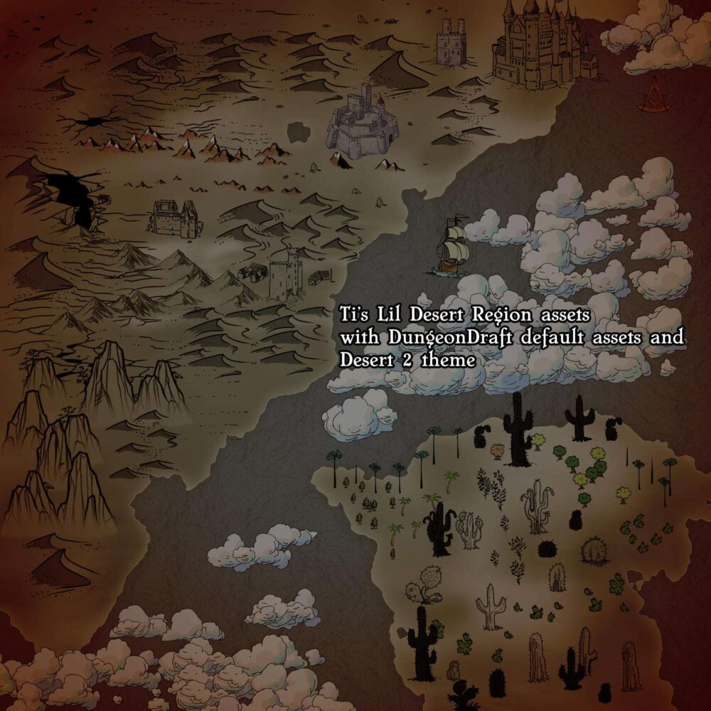Tiffany Munro Feed the Multiverse Lil Desert Region Biome Terrain Assets for Wonderdraft cactus cracks rocks textures paths themes symbols custom trees custom mountains colorable and lineart