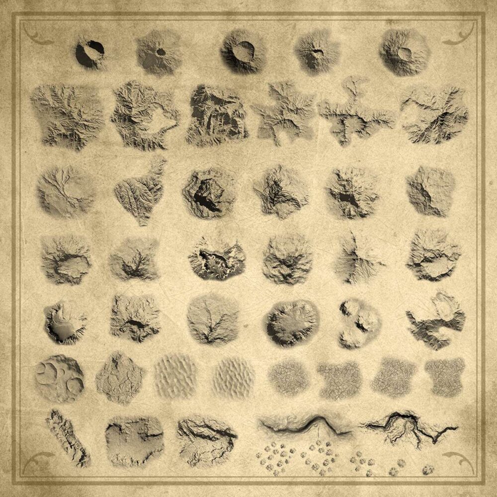 Top down topography terrain asset advert with individual assets on display