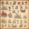fantasy mushrooms, mushroom trees, mushroom houses, fairy tale castles, wonderdraft assets, vintage cartography assets