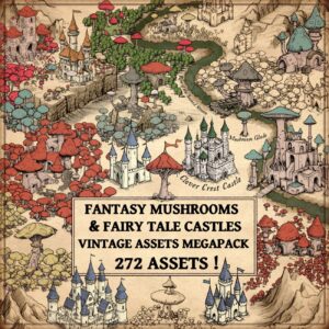 fantasy mushrooms, mushroom trees, mushroom houses, fairy tale castles, wonderdraft assets, vintage cartography assets, mushroom towns