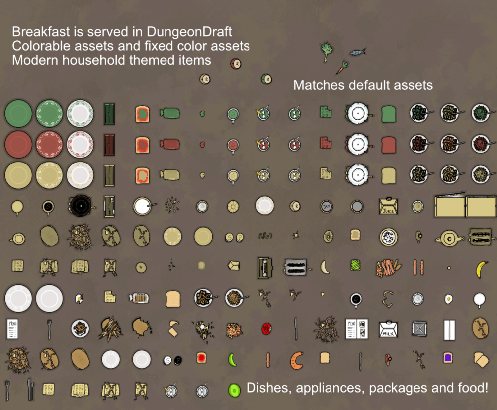 Feed the Multiverse breakfast meal modern diner pack for DungeonDraft matches default assets. dungeondraft_pack eggs, bacon, waffles, pancakes, napkins, menu, salt and pepper shaker, coffee, sugar, cream, colorable assets