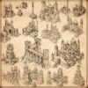 wonderdraft assets, cities, towns, wonders, fantasy medieval fortified cities, vintage cartography assets, fantasy map symbols