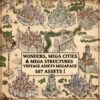 wonderdraft assets, cities, towns, wonders, fantasy medieval fortified cities, vintage cartography assets, fantasy map symbols
