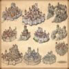 wonderdraft assets, cities, towns, wonders, fantasy medieval fortified cities, vintage cartography assets, fantasy map symbols