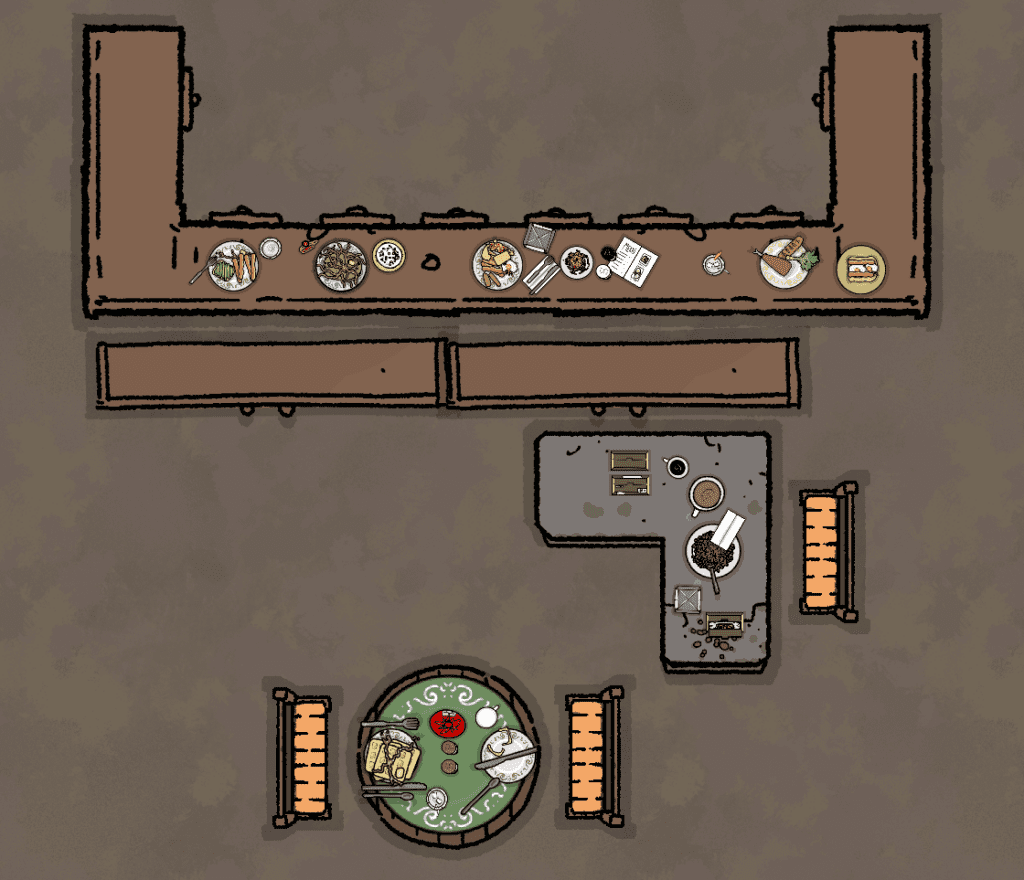 Feed the Multiverse breakfast meal modern diner pack for DungeonDraft matches default assets. dungeondraft_pack eggs, bacon, waffles, pancakes, napkins, menu, salt and pepper shaker, coffee, sugar, cream, colorable assets