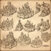 wonderdraft assets, cities, towns, wonders, fantasy medieval fortified cities, vintage cartography assets, fantasy map symbols