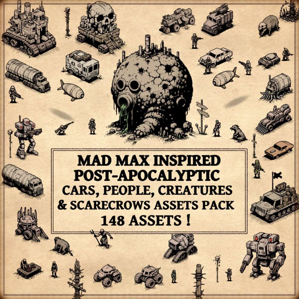 post-apocalyptic vintage cartography assets, mad max inspired, wonderdraft assets, wonderdraft symbols, post-apo, landmarks