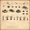 post-apocalyptic vintage cartography assets, mad max inspired, wonderdraft assets, wonderdraft symbols, post-apo, landmarks