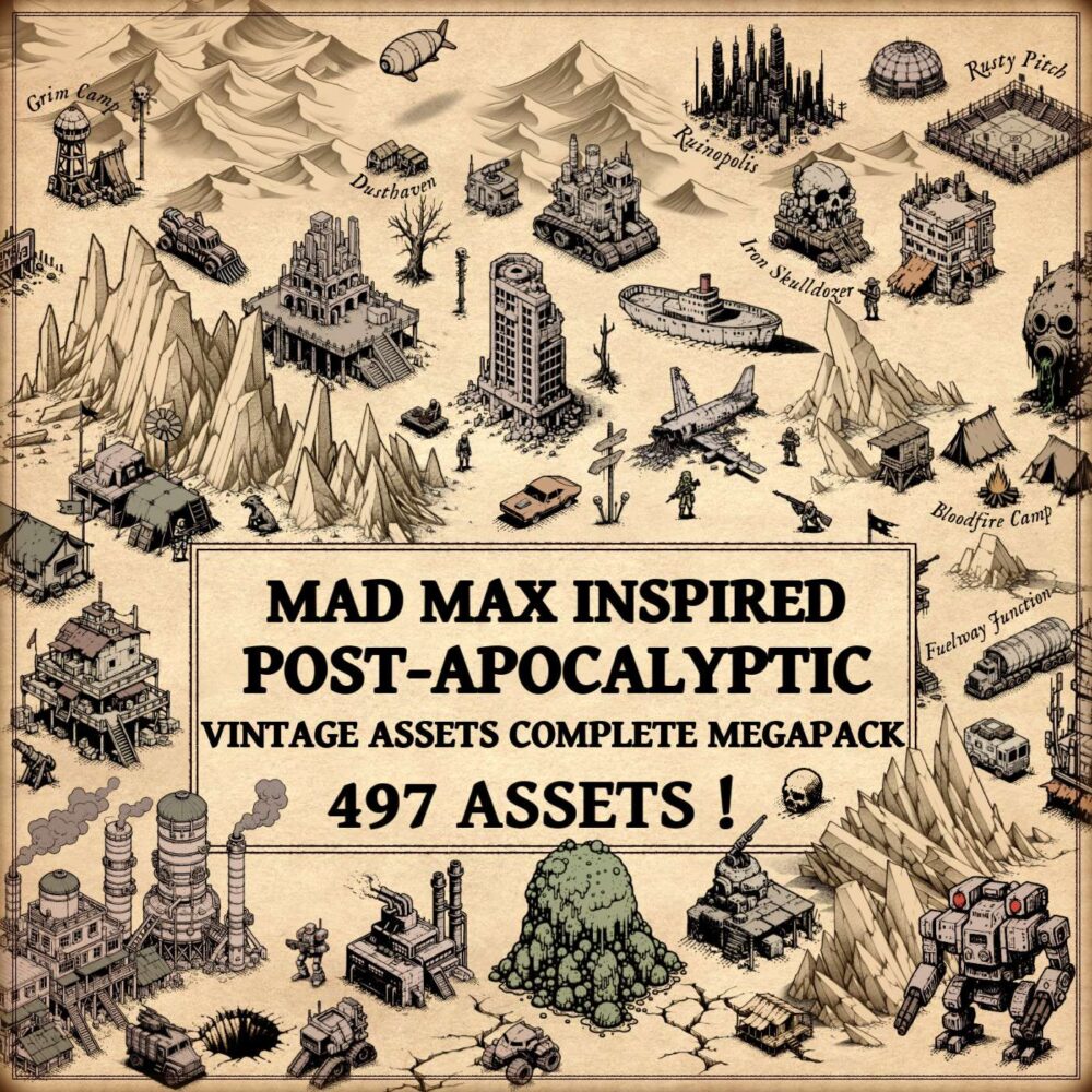 post-apocalyptic vintage cartography assets, mad max inspired, wonderdraft assets, wonderdraft symbols, post-apo, landmarks