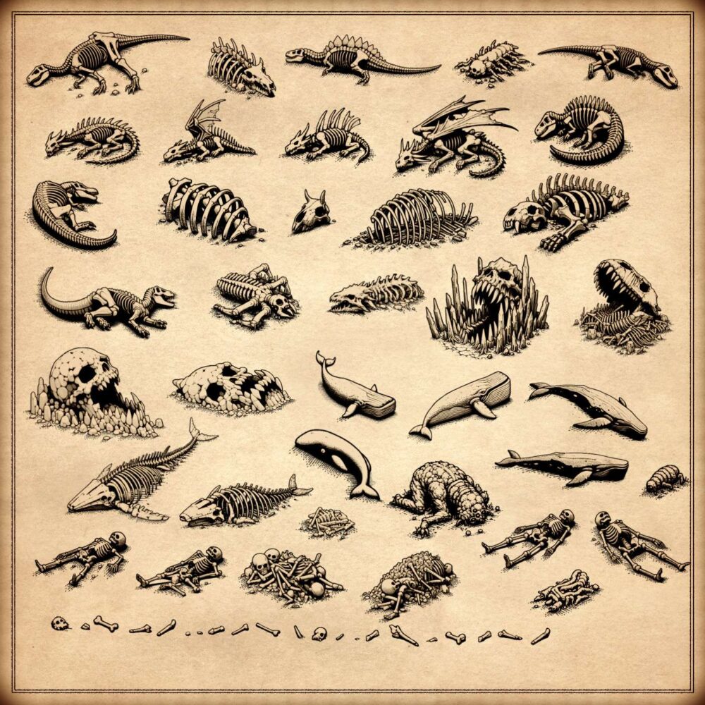 carcass assets, carcasses, wonderdraft assets, vintage cartography assets, fantasy map symbols, skeletons, bones, skulls, remains