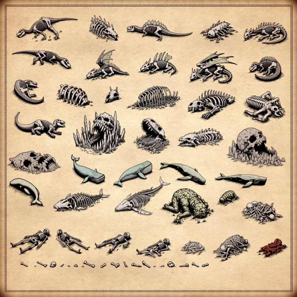 carcass assets, carcasses, wonderdraft assets, vintage cartography assets, fantasy map symbols, skeletons, bones, skulls, remains