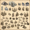 Wonderdraft resources, vintage cartography assets, modern map assets, modern assets, modern landmarks, city assets, modern buildings