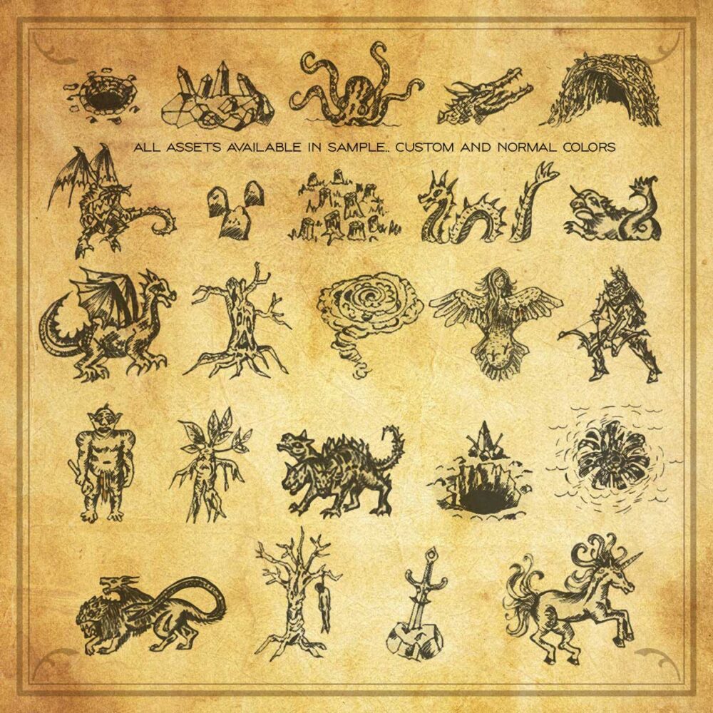 Advert page with greyscale mythical creatures and objects