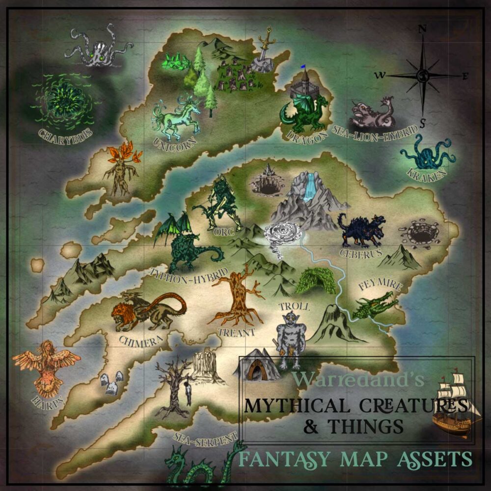 Front cartography page with mythical monsters and objects