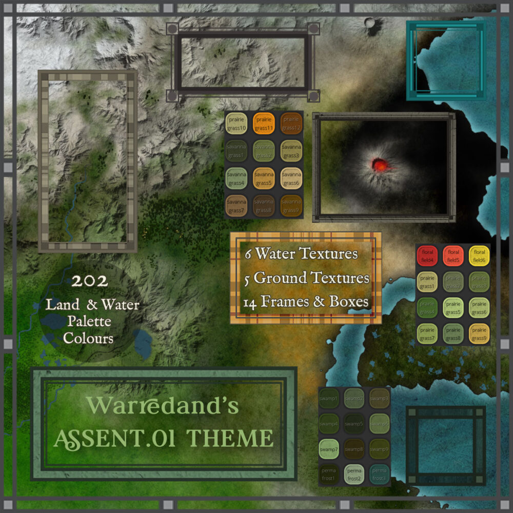 Display page for theme with color palette frames and textures for Wonderdraft