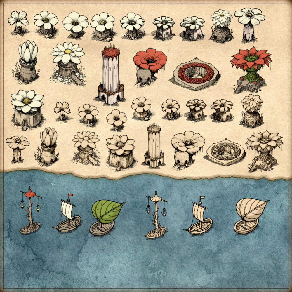 Fantasy flowers, flower towns, fairy tale inhabitants, fairy tale cities, Wonderdraft assets, vintage cartography assets