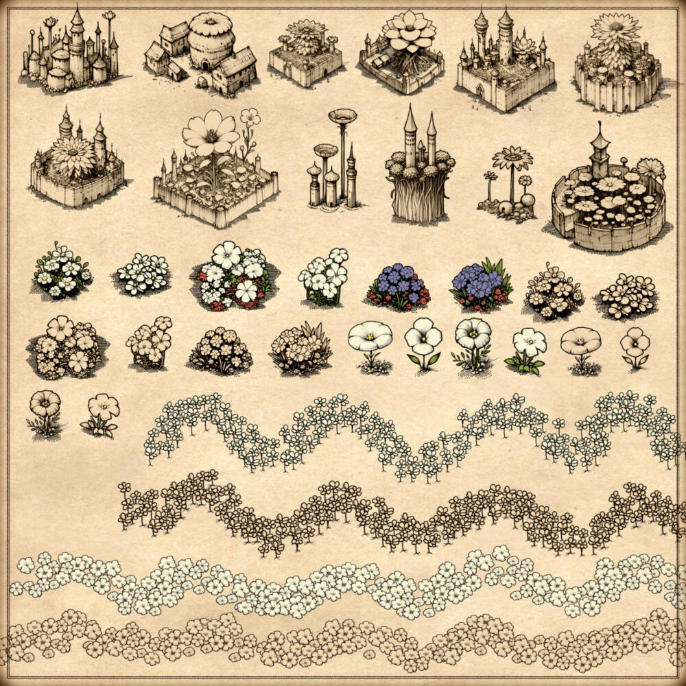 Fantasy flowers, flower towns, fairy tale inhabitants, fairy tale cities, Wonderdraft assets, vintage cartography assets