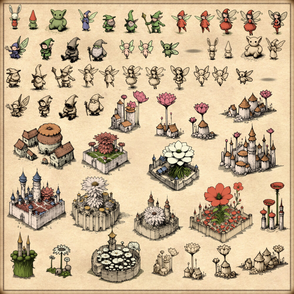 Fantasy flowers, flower towns, fairy tale inhabitants, fairy tale cities, Wonderdraft assets, vintage cartography assets