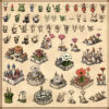 Fantasy flowers, flower towns, fairy tale inhabitants, fairy tale cities, Wonderdraft assets, vintage cartography assets