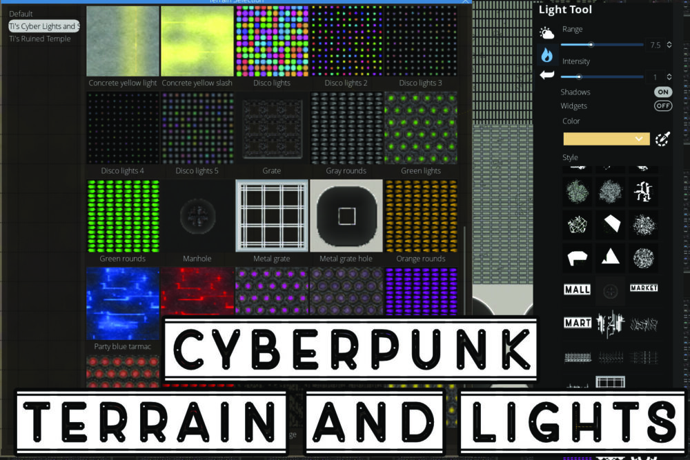 Ti's Cyberpunk Lights and Signs for DungeonDraft A variety of cyberpunk light assets, including 638+ glowing light objects, 281 modular light paths, and customizable neon elements to create immersive urban environments.
