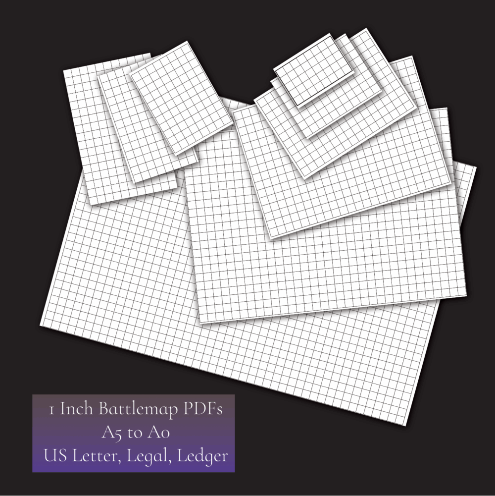 TTRPG Printable Grid Paper Set – 1 Inch Battle Map PDFs (A5 to A0, US Letter, Legal, Ledger) | 44 Files + SVGs | Thin, Thick, Textured, Color