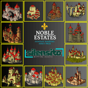 This cover preview displays every symbol in the Noble Estates isometric castle symbols for fantasy map making in Wonderdraft by Silensito. All assets are 1024×1024 PNG, Wonderdraft‑ready, and licensed under CAL‑NA‑NCR (commercial use, no attribution, no redistribution).