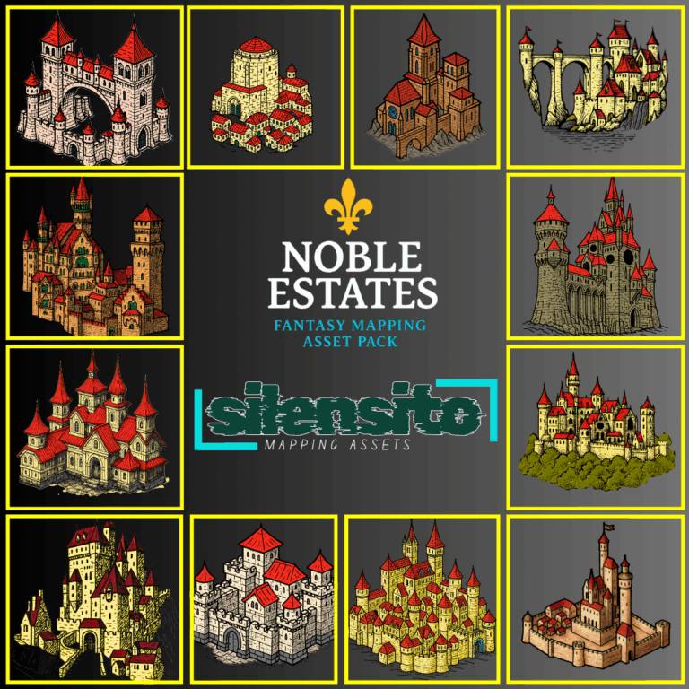 This cover preview displays every symbol in the Noble Estates isometric castle symbols for fantasy map making in Wonderdraft by Silensito. All assets are 1024×1024 PNG, Wonderdraft‑ready, and licensed under CAL‑NA‑NCR (commercial use, no attribution, no redistribution).