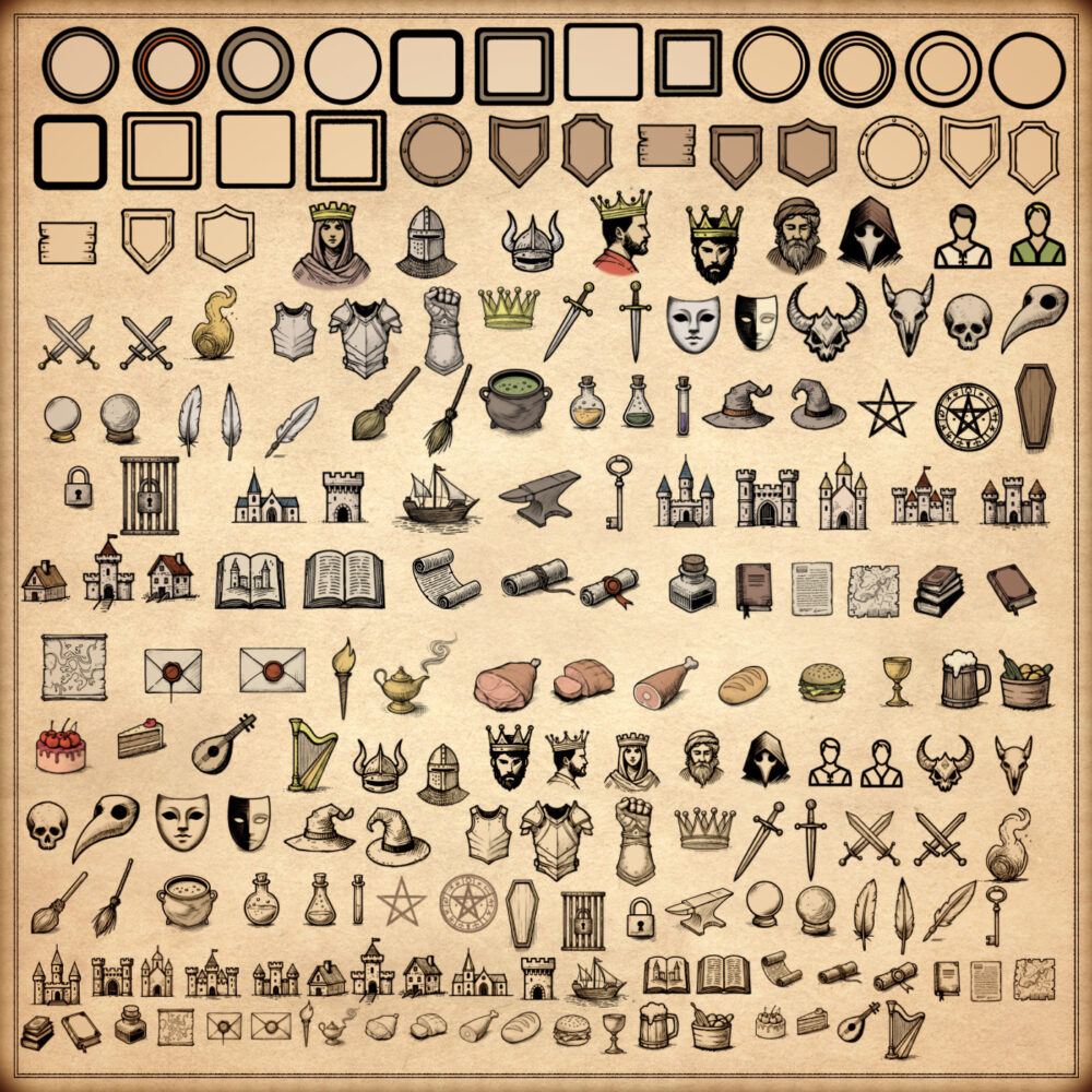 fantasy map icons, fantasy map assets, wonderdraft, wonderdraft assets, vintage cartography assets, map symbols collection