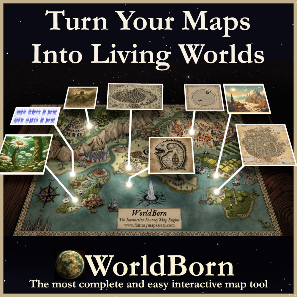 WorldBorn, worldbuilding tool, interactive fantasy map tool, interactive map creator, vintage cartography assets, fantasy map pins