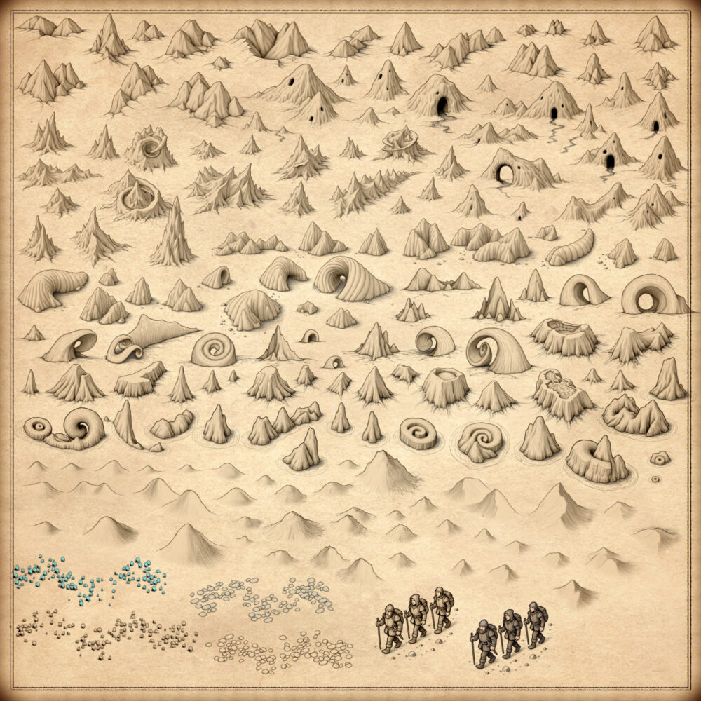 rolling hills, mountains, Wonderdraft assets, vintage cartography assets, natural arches, fantasy map icons