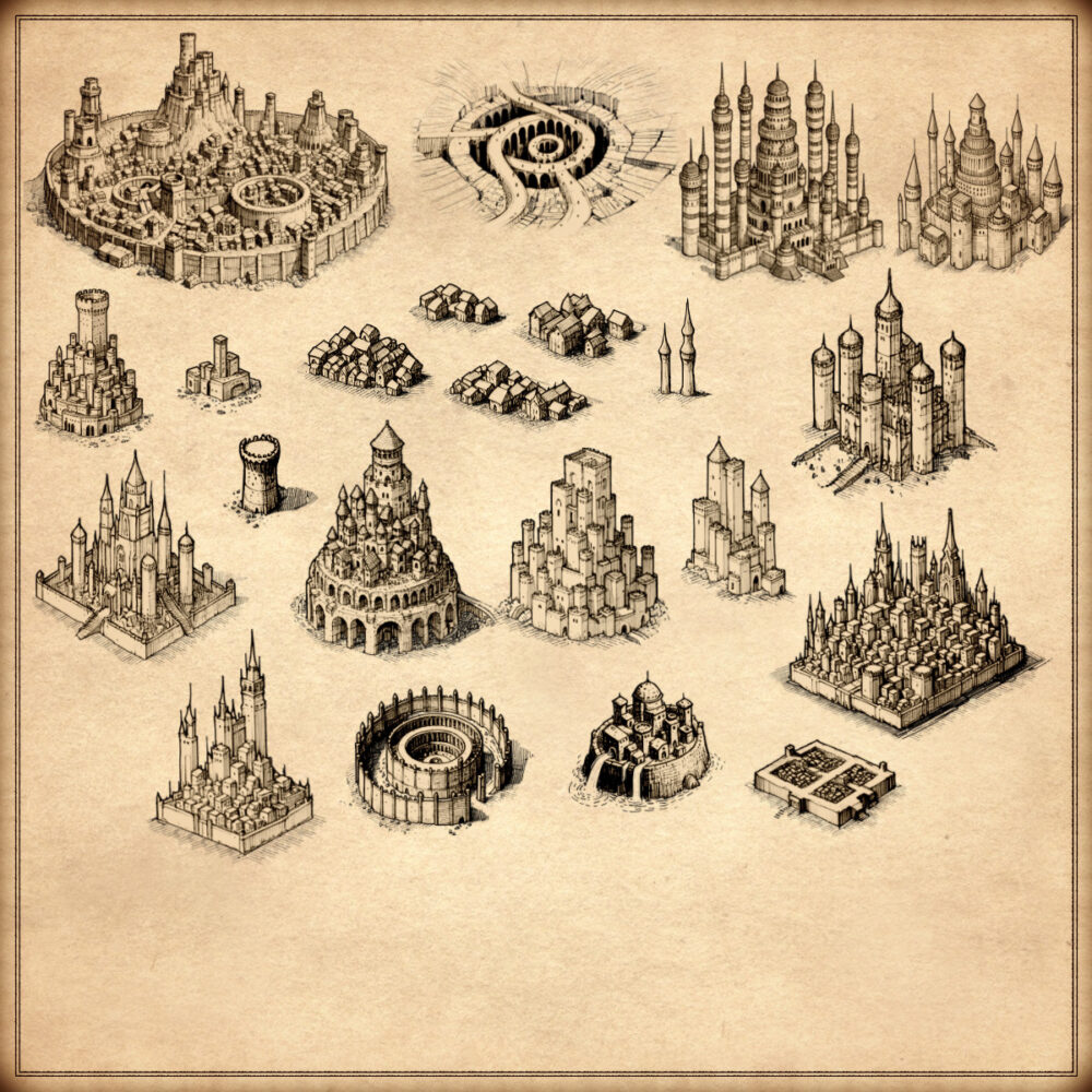 High elven towns, imperial towns, imperial settlements, high elf settlements, wonderdraft assets, vintage cartography assets