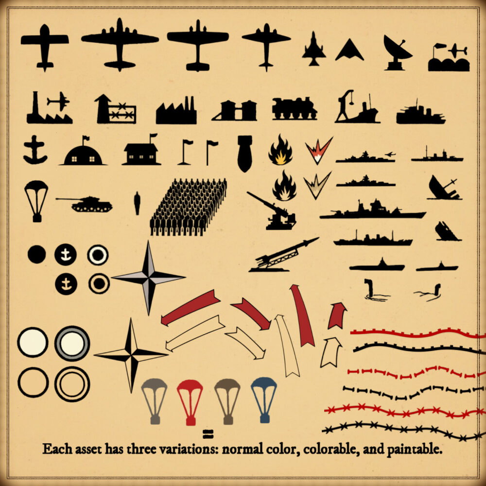 ww2, Wonderdraft assets, fantasy map symbols, ww2 map symbols, ww2 markers, vintage cartography assets