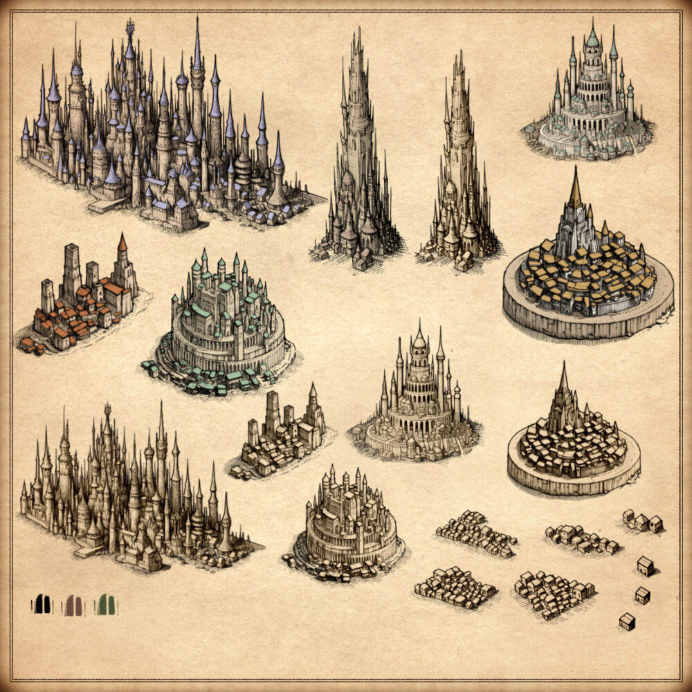 High elven towns, imperial towns, imperial settlements, high elf settlements, wonderdraft assets, vintage cartography assets