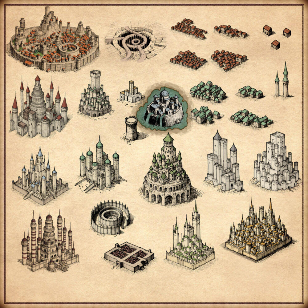High elven towns, imperial towns, imperial settlements, high elf settlements, wonderdraft assets, vintage cartography assets