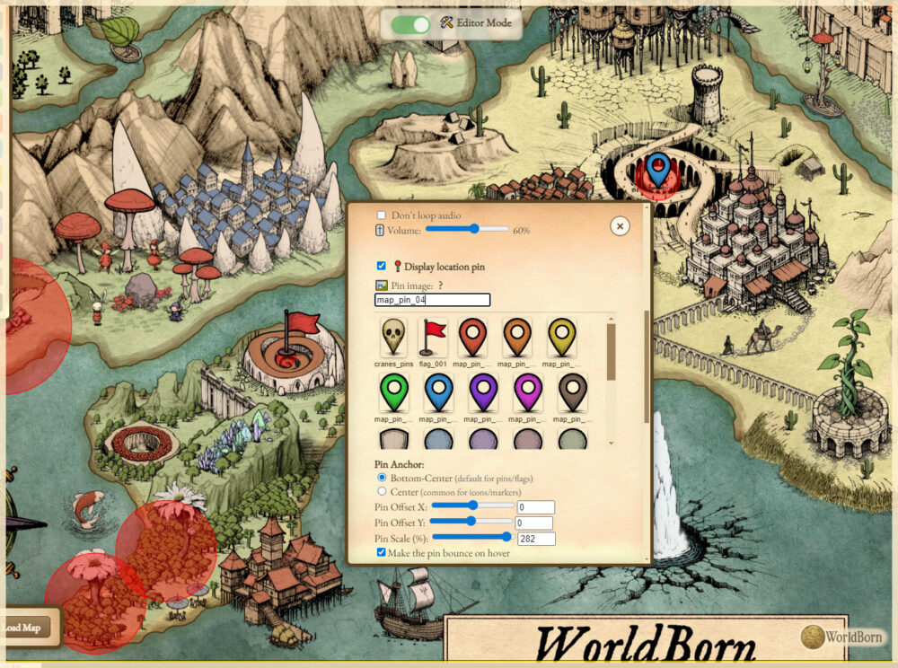 WorldBorn, worldbuilding tool, interactive fantasy map tool, interactive map creator, vintage cartography assets, fantasy map pins
