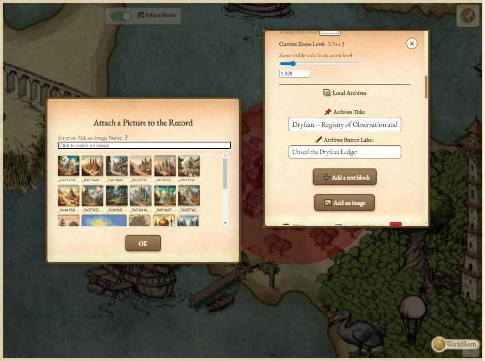 WorldBorn, worldbuilding tool, interactive fantasy map tool, interactive map creator, vintage cartography assets, fantasy map pins