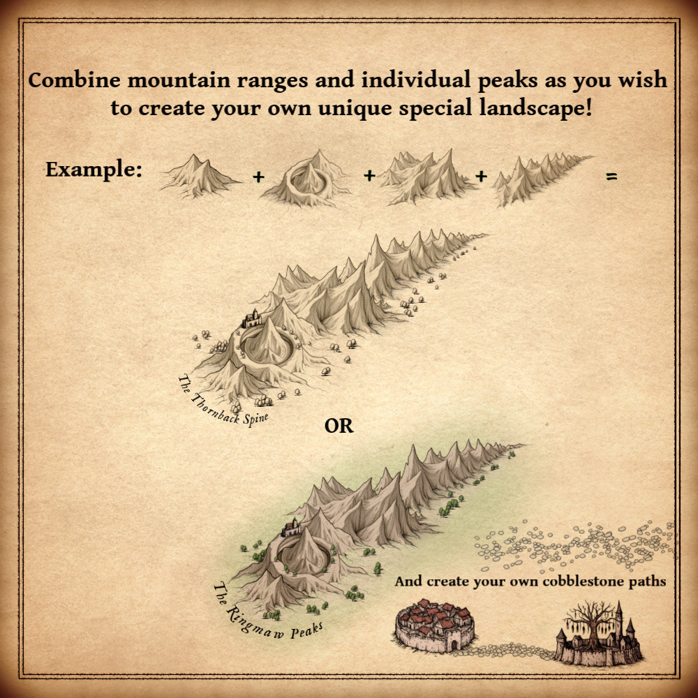 rolling hills, mountains, Wonderdraft assets, vintage cartography assets, natural arches, fantasy map icons