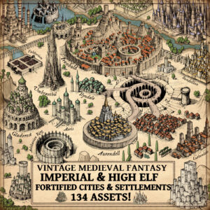 High elf towns, imperial towns, imperial settlements, high elf settlements, wonderdraft assets, vintage cartography assets