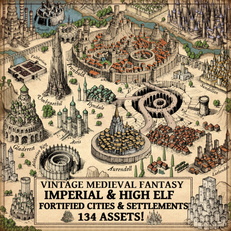 High elf towns, imperial towns, imperial settlements, high elf settlements, wonderdraft assets, vintage cartography assets