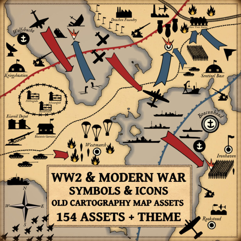 ww2, Wonderdraft assets, fantasy map symbols, ww2 map symbols, ww2 markers, vintage cartography assets
