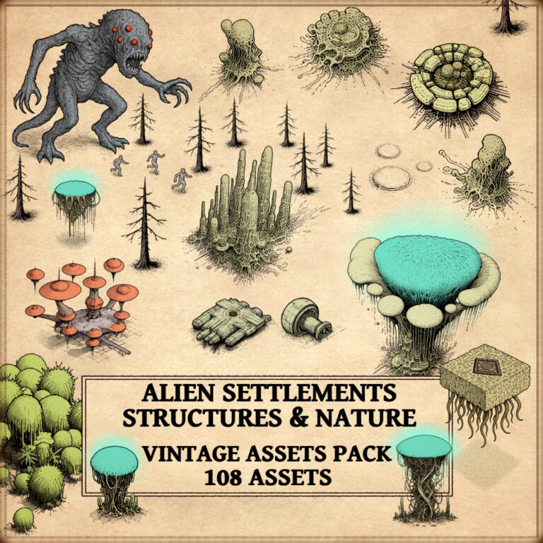 sci-fi settlements, Wonderdraft assets, alien cities, fantasy map assets, sci-fi landmarks, vintage cartography assets