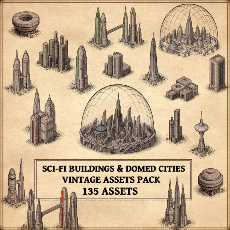 sci-fi settlements, Wonderdraft assets, alien cities, fantasy map assets, sci-fi landmarks, vintage cartography assets