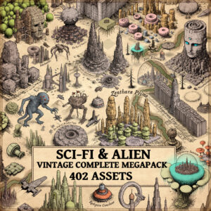 sci-fi settlements, Wonderdraft assets, alien cities, fantasy map assets, sci-fi landmarks, vintage cartography assets
