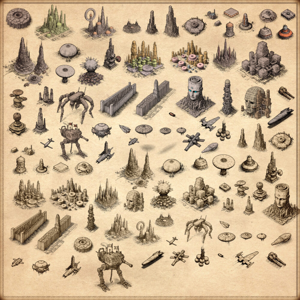 sci-fi settlements, Wonderdraft assets, alien cities, fantasy map assets, sci-fi landmarks, vintage cartography assets